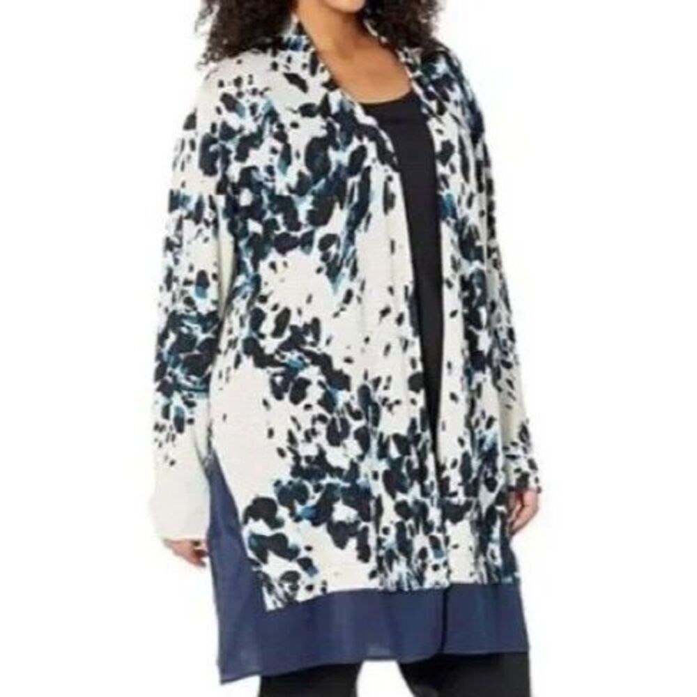 Positive Outlook Linen Cardigan S Abstract Print Chiffon Trim Open Front NWOT